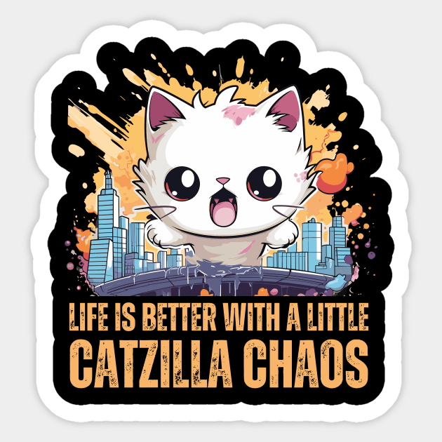 Funny Cute Catzilla Rampaging in a City Sticker by BrushedbyRain